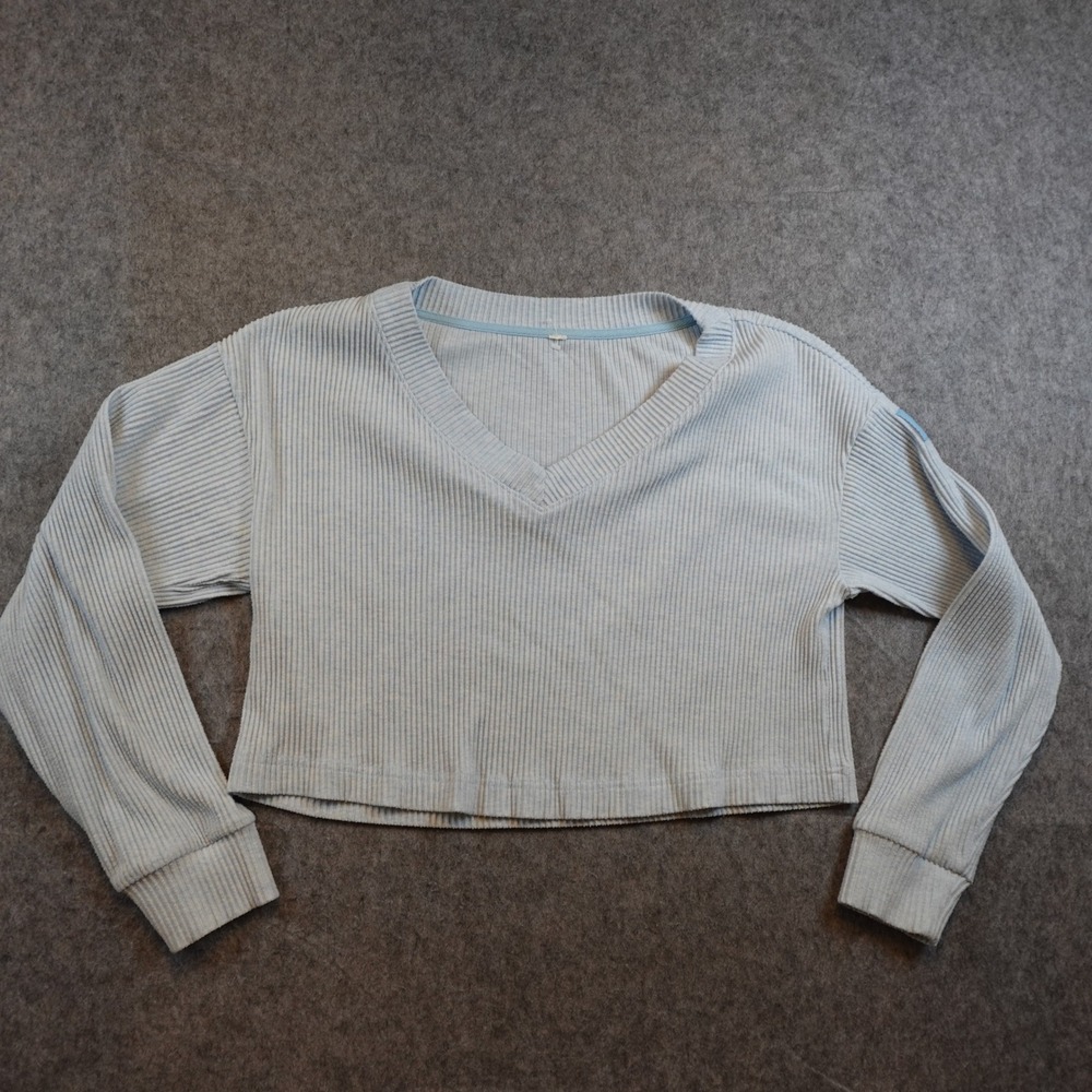 Alo Yoga Top Women M/L? Blue Muse Ribbed V-Neck Pullover Long Sleeve Lounge